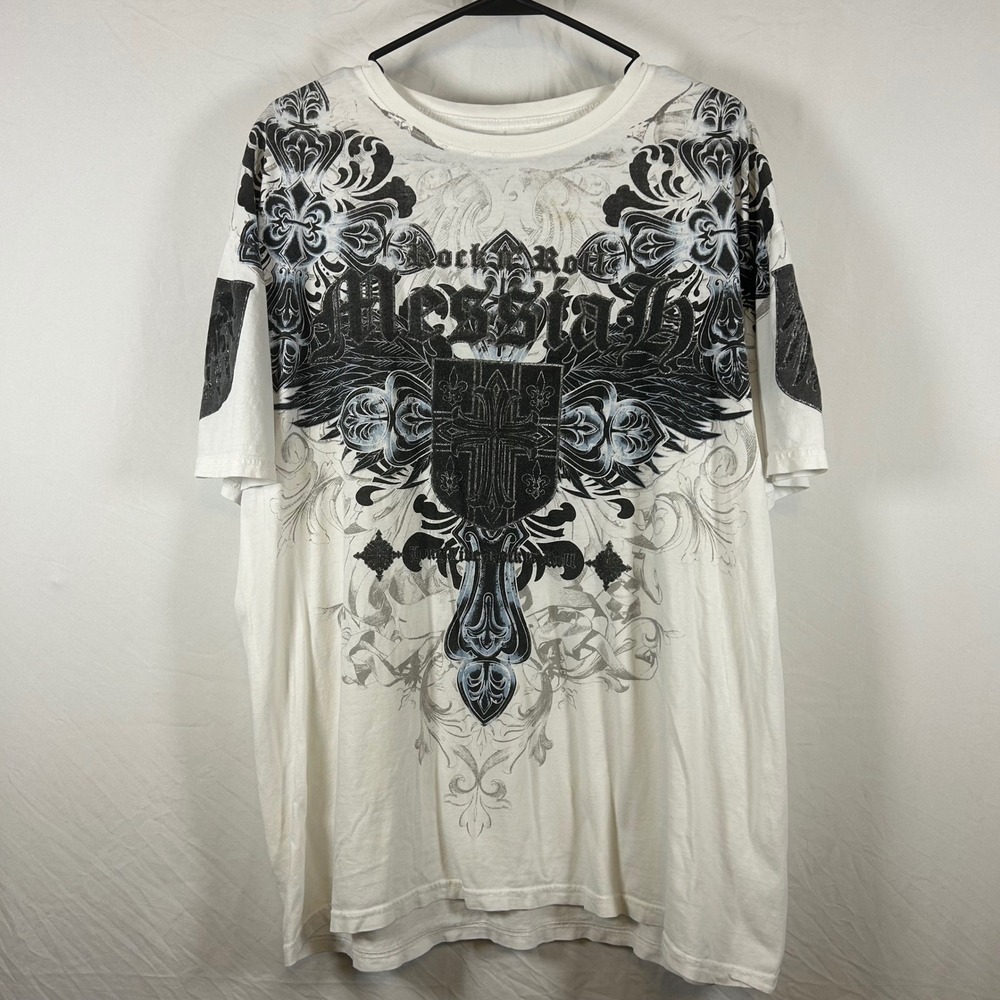 Xzavier Buckle Rock n Roll Messiah Graphic T-Shirt Mens XL White Y2K MMA Cross